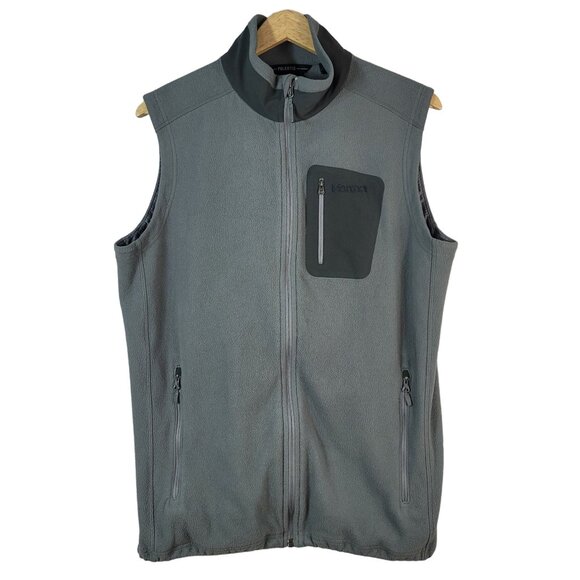 Marmot Mens Fleece Vest Gray Large Full Zip Collar Pockets Polartec C81070 - Picture 1 of 13